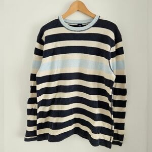 Vintage 90s GAP Striped Cotton Sweater Navy Cream Light Blue Mens Large